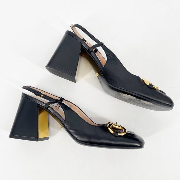 Gucci Black Leather Baby Horsebit Square Toe Block Heel Slingback Pumps EU 37 - Picture 4 of 12